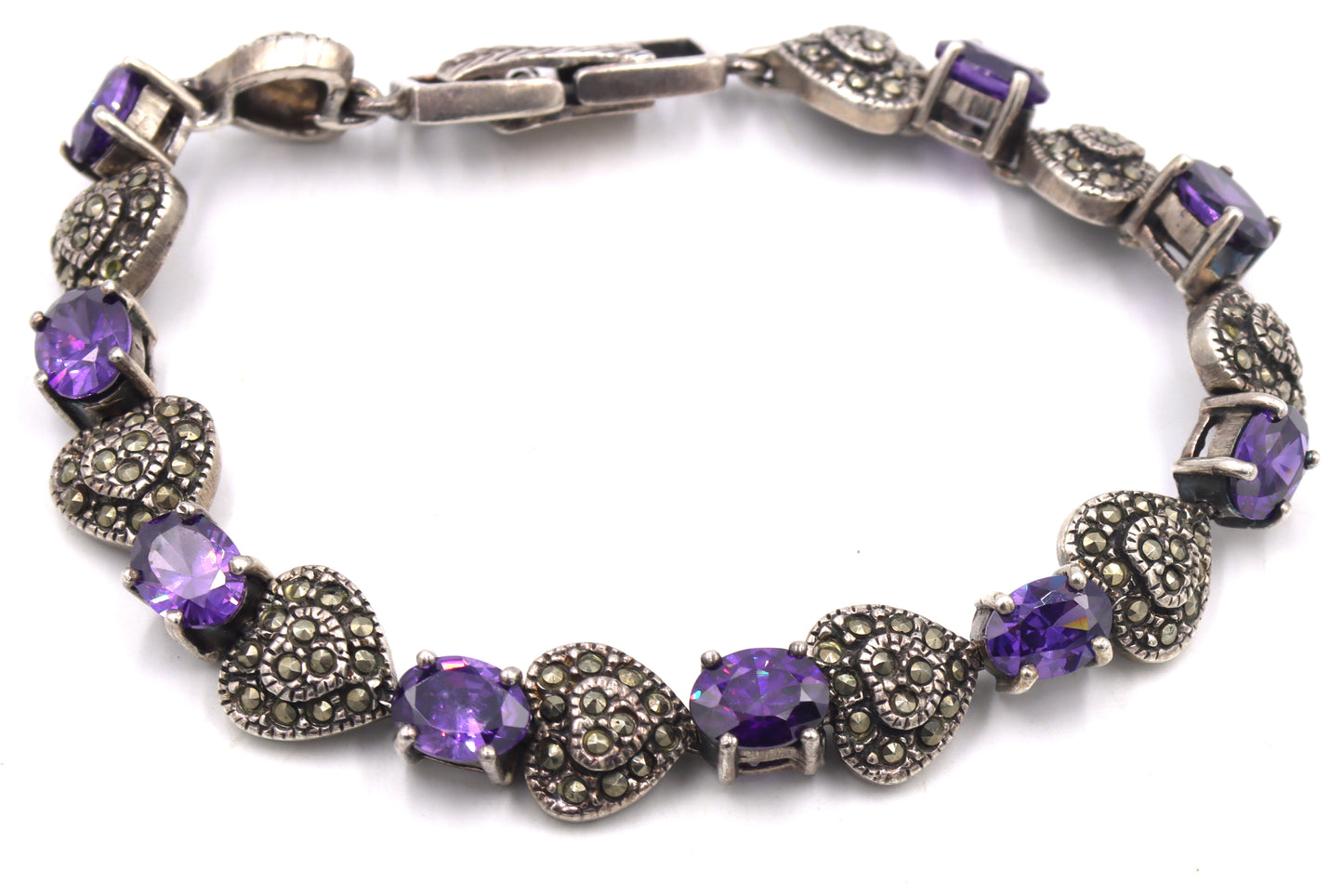 925 Sterling silver marcasite and amethyst link bracelet