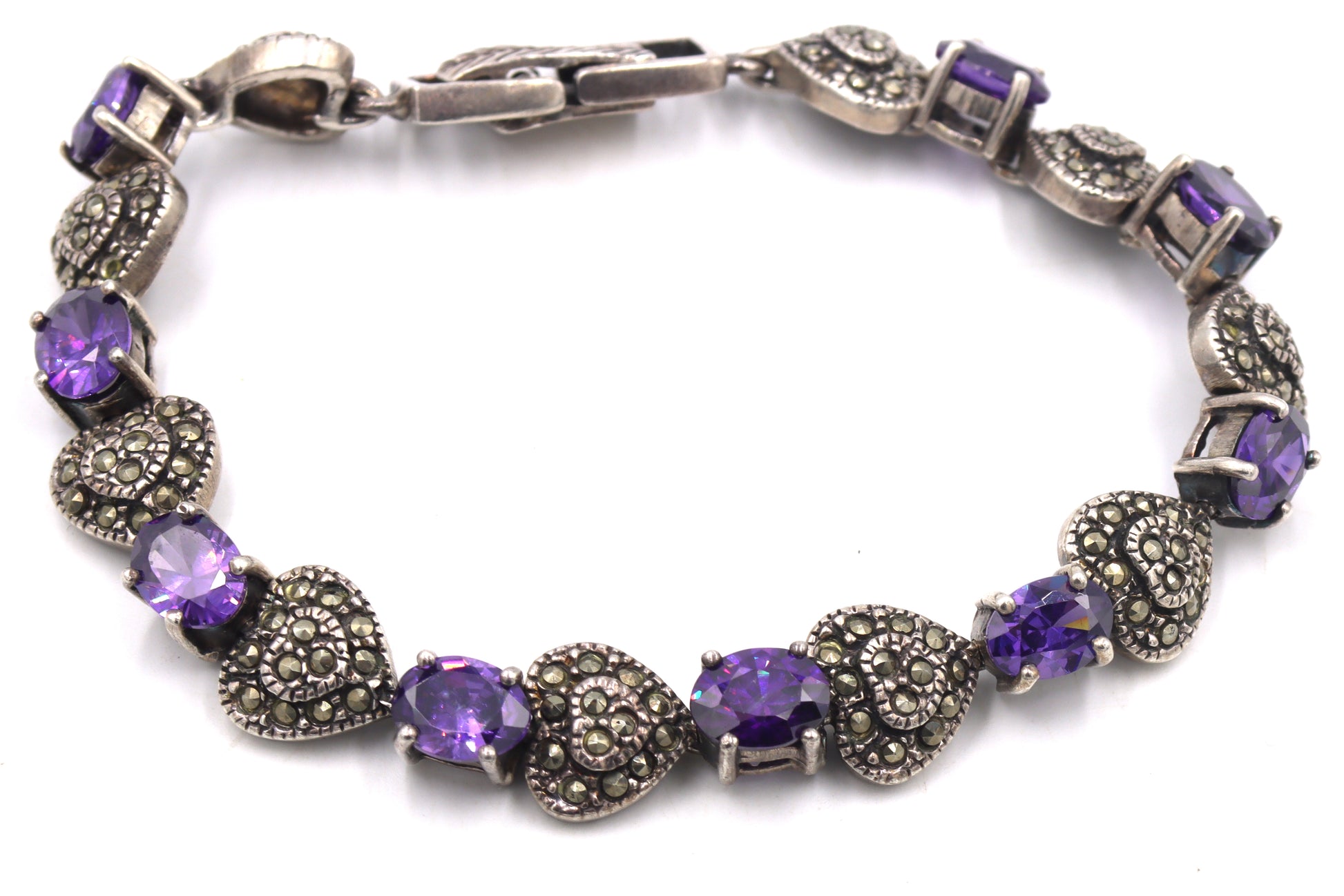 925 Sterling silver marcasite and amethyst link bracelet