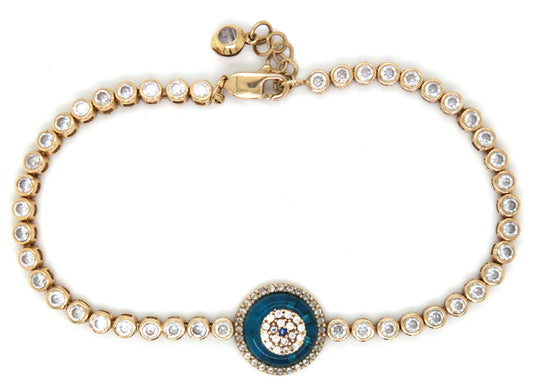 14KT Yellow Gold Blue Evil Eye CZ Tennis Bracelet