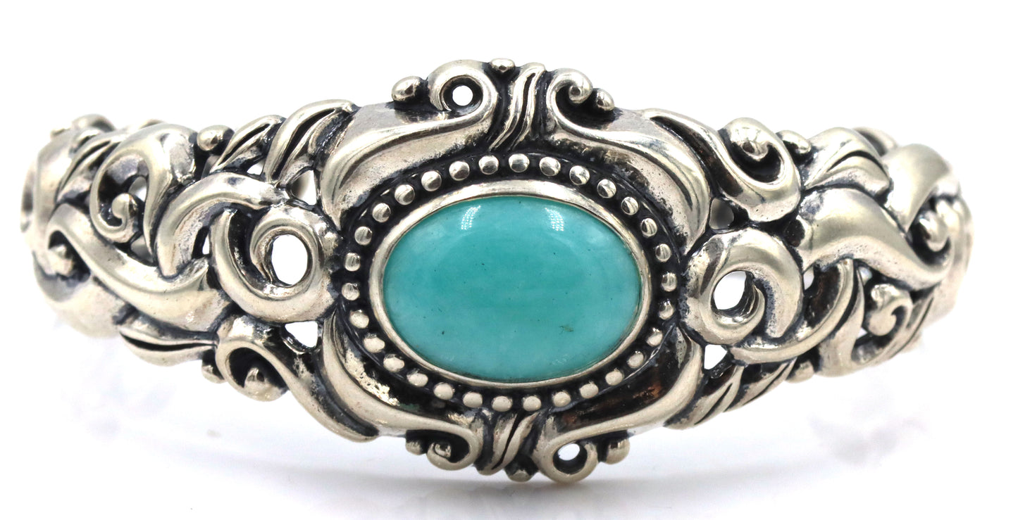 925 Sterling Silver Ornate Beatiful Filigree With Large Oval Turquoise Center Cuff Bracelet