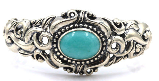 925 Sterling Silver Ornate Beatiful Filigree With Large Oval Turquoise Center Cuff Bracelet