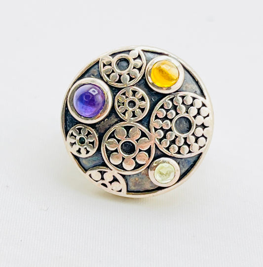 925 Sterling Silver Gear Pattern Beatiful Color Stone Industrail Look Ring