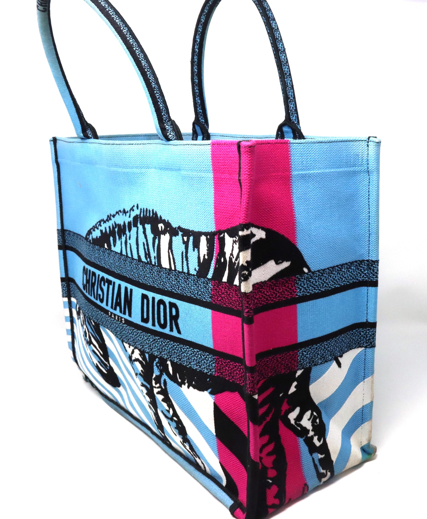 Christian Dior medium D jungle pop book tote blue canvas body bag with rolled top handles