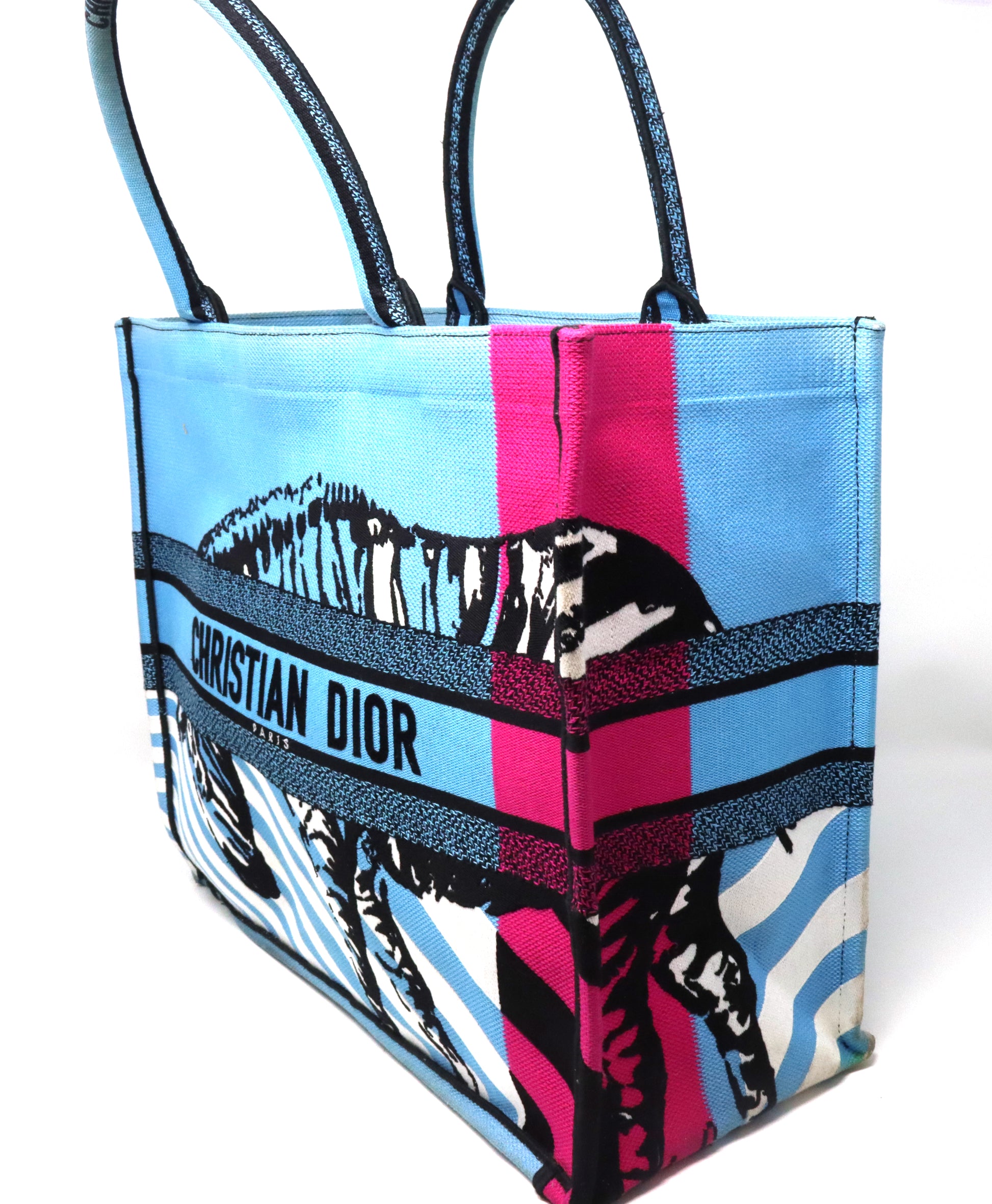 Christian Dior medium D jungle pop book tote blue canvas body bag with rolled top handles