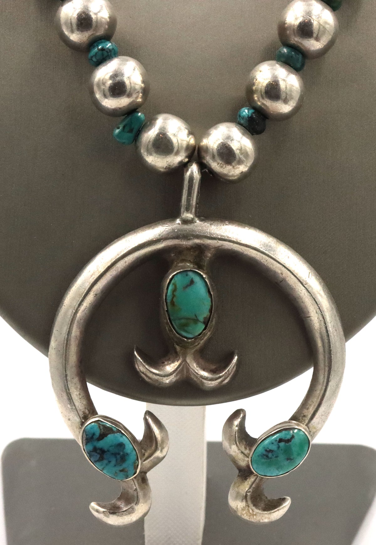 925 Mexican Sterling Silver Vintage Native American Squash Blossom With Turquoise Necklace