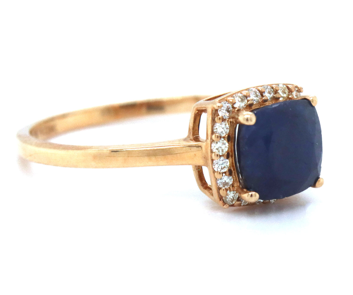 10kt Yellow gold cushion sapphire and diamond halo ring
