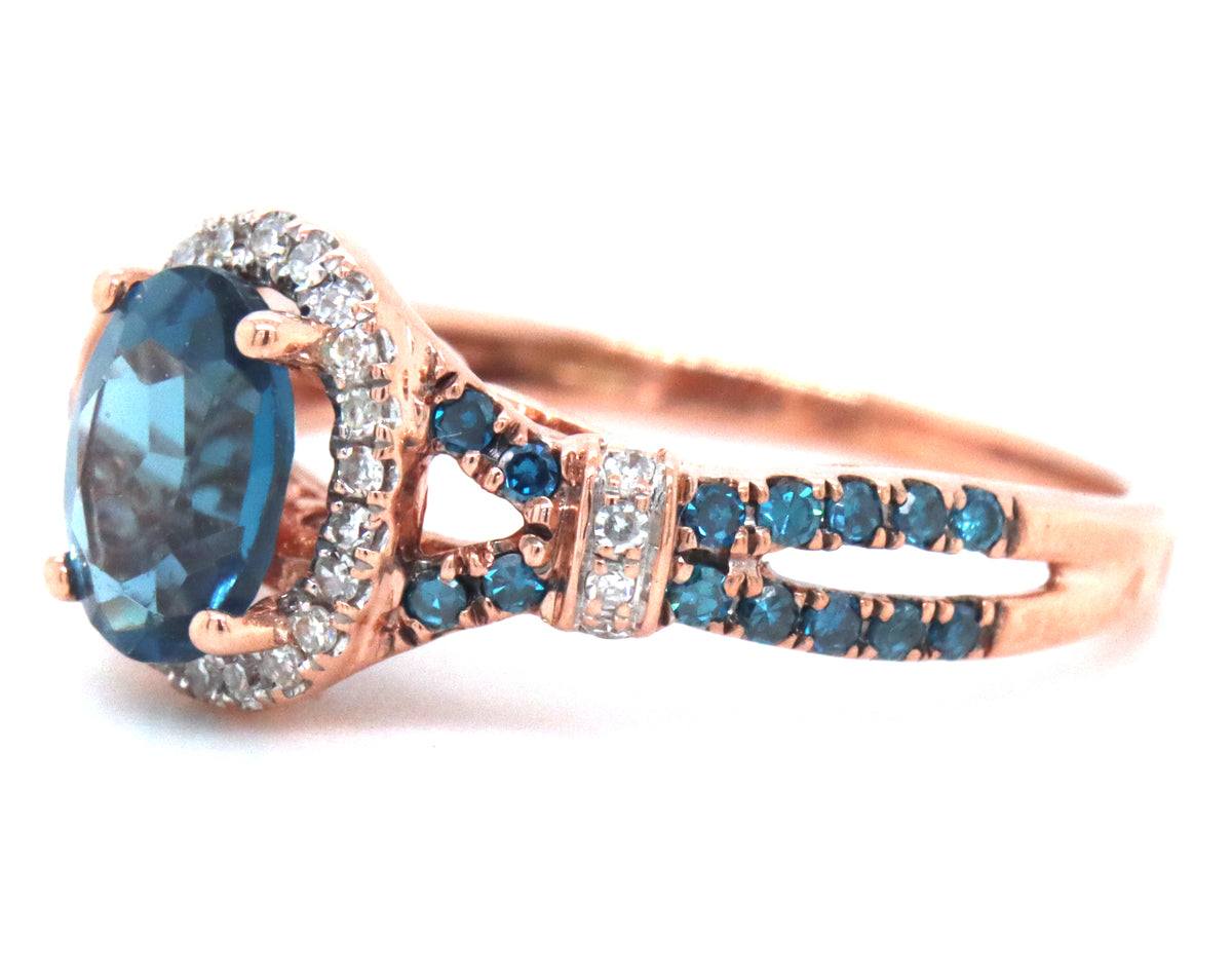 10kt Rose gold oval topaz, IR blue diamond and white diamond double halo ring