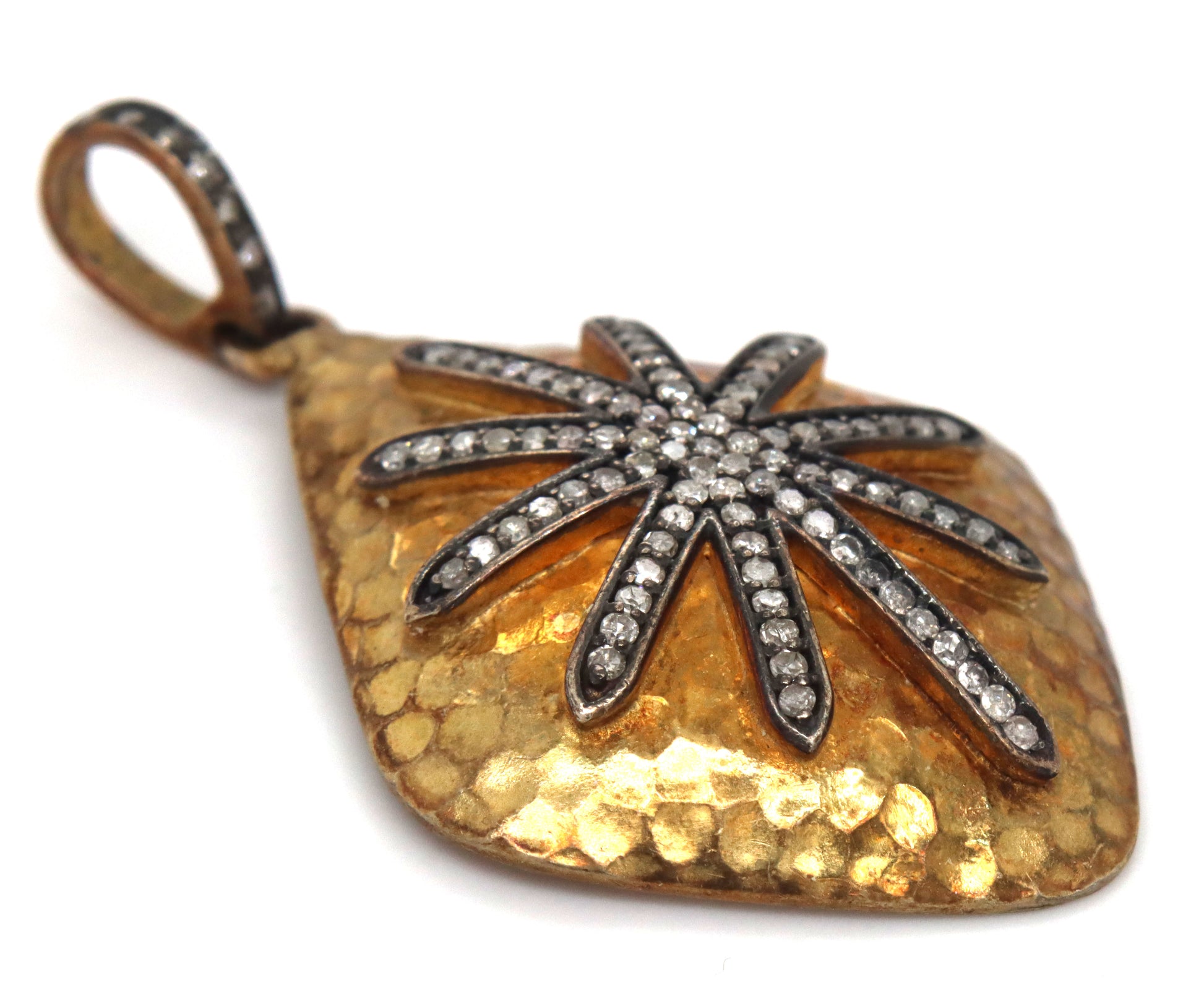 Hammered Starburst pave diamond pendant in yellow gold plated and sterling silver