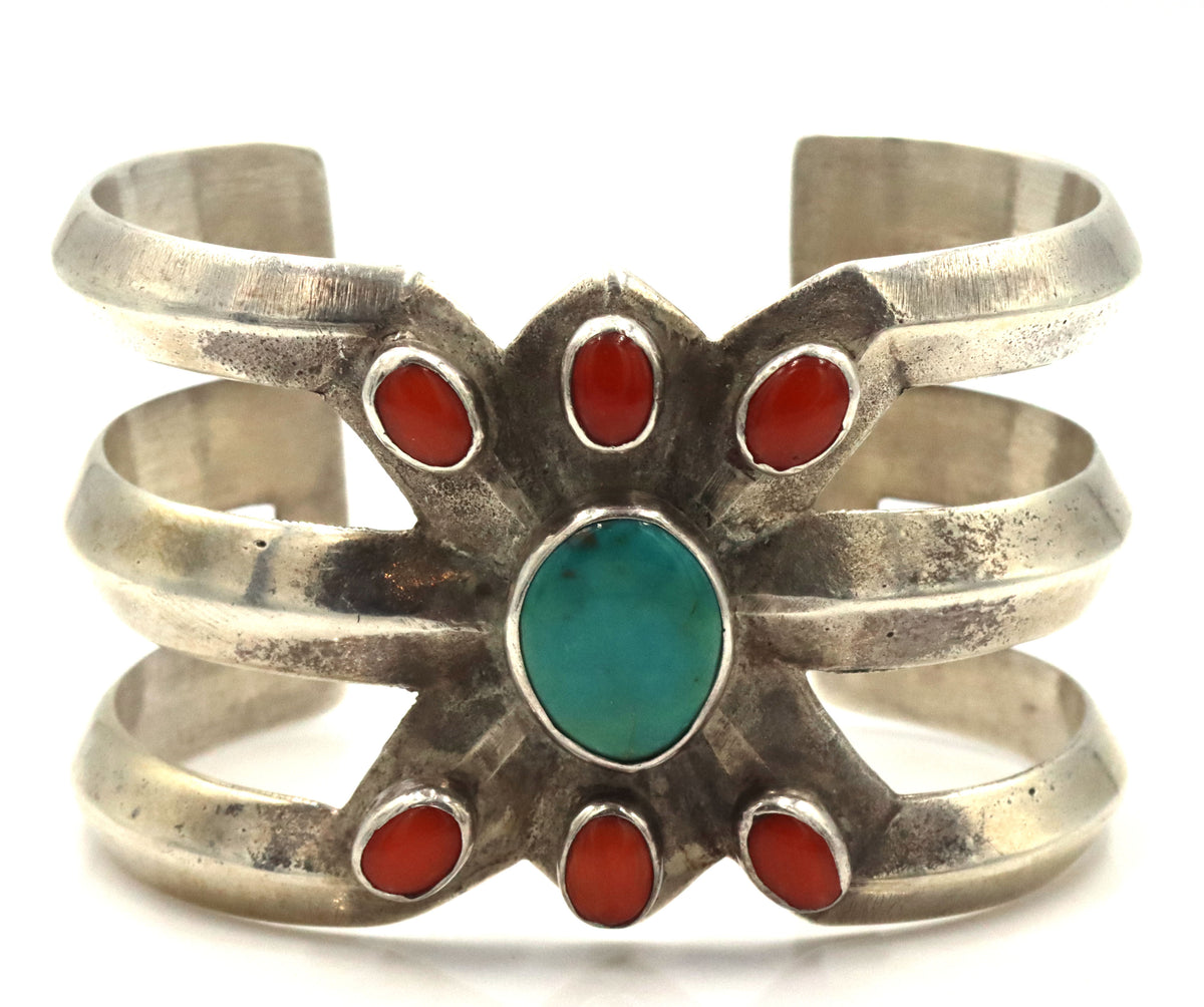 925 Sterling Silver Vintage Coral Turquoise Cuff Bracelet