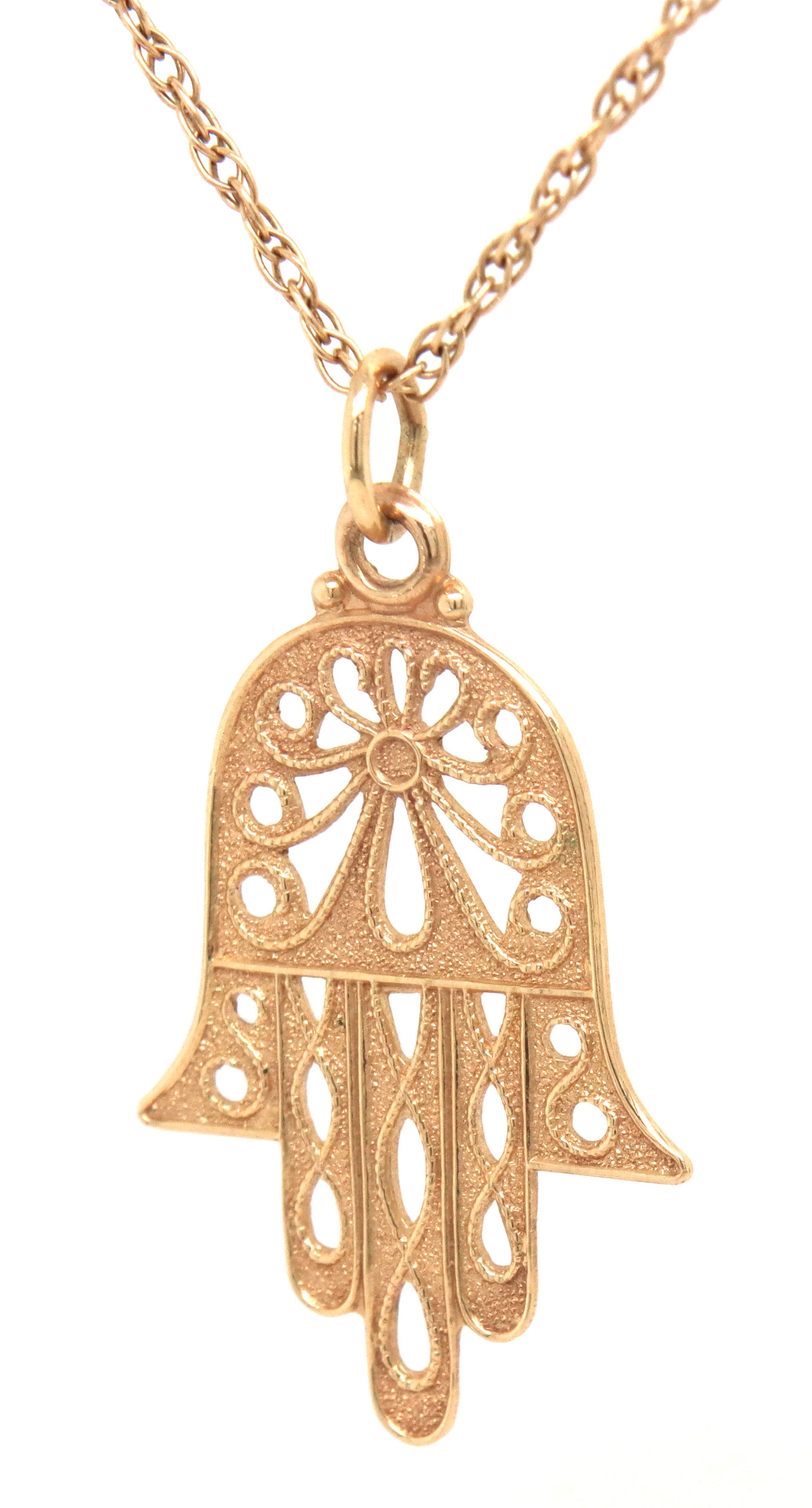 14kt Yellow gold Hamsa pendant on rope chain necklace