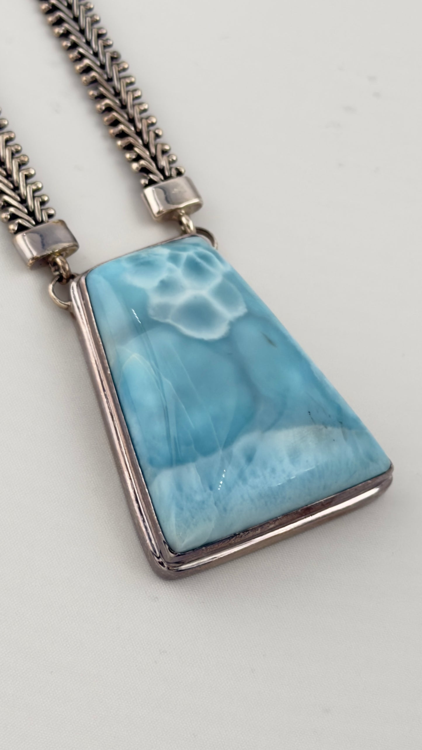 925 Sterling Silver Rare Blue Larimar Pendant With 7mm Herrington Chain Necklace