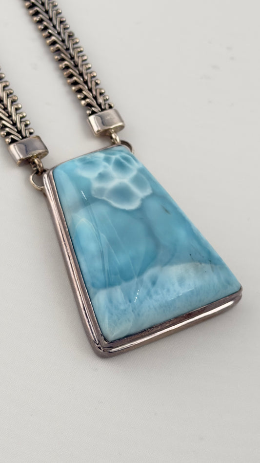 925 Sterling Silver Rare Blue Larimar Pendant With 7mm Herrington Chain Necklace