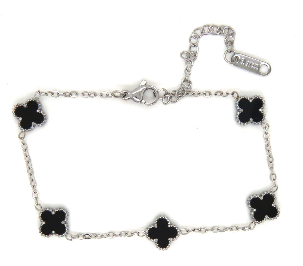 Stainless steel black stone clover bracelet