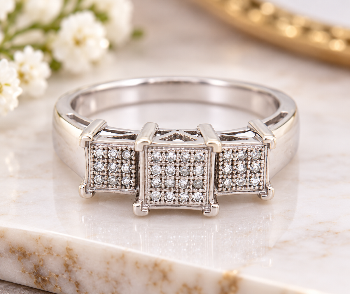 Dazzling 14KT White Gold Diamond Pave Three Setting Ring