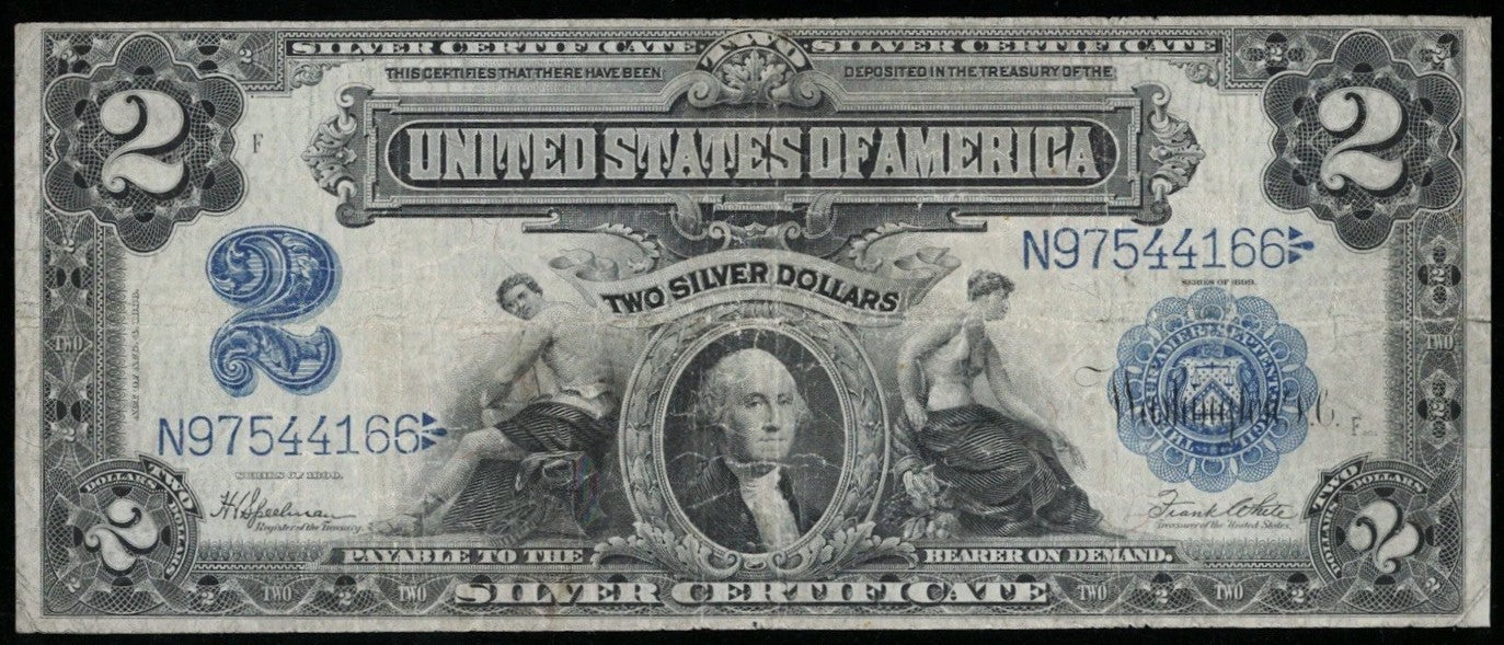 1899 $2 Silver Certificate “Mini Porthole” Note Large Size Fine/VF Details
