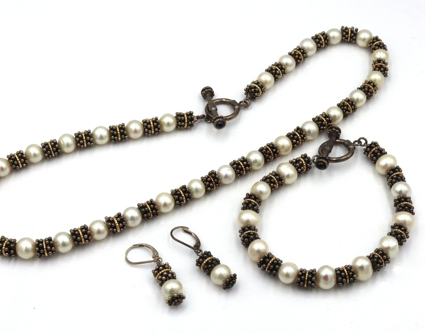 Set of Vintage 925 sterling silver pearl beaded necklace, bracelet and earrings