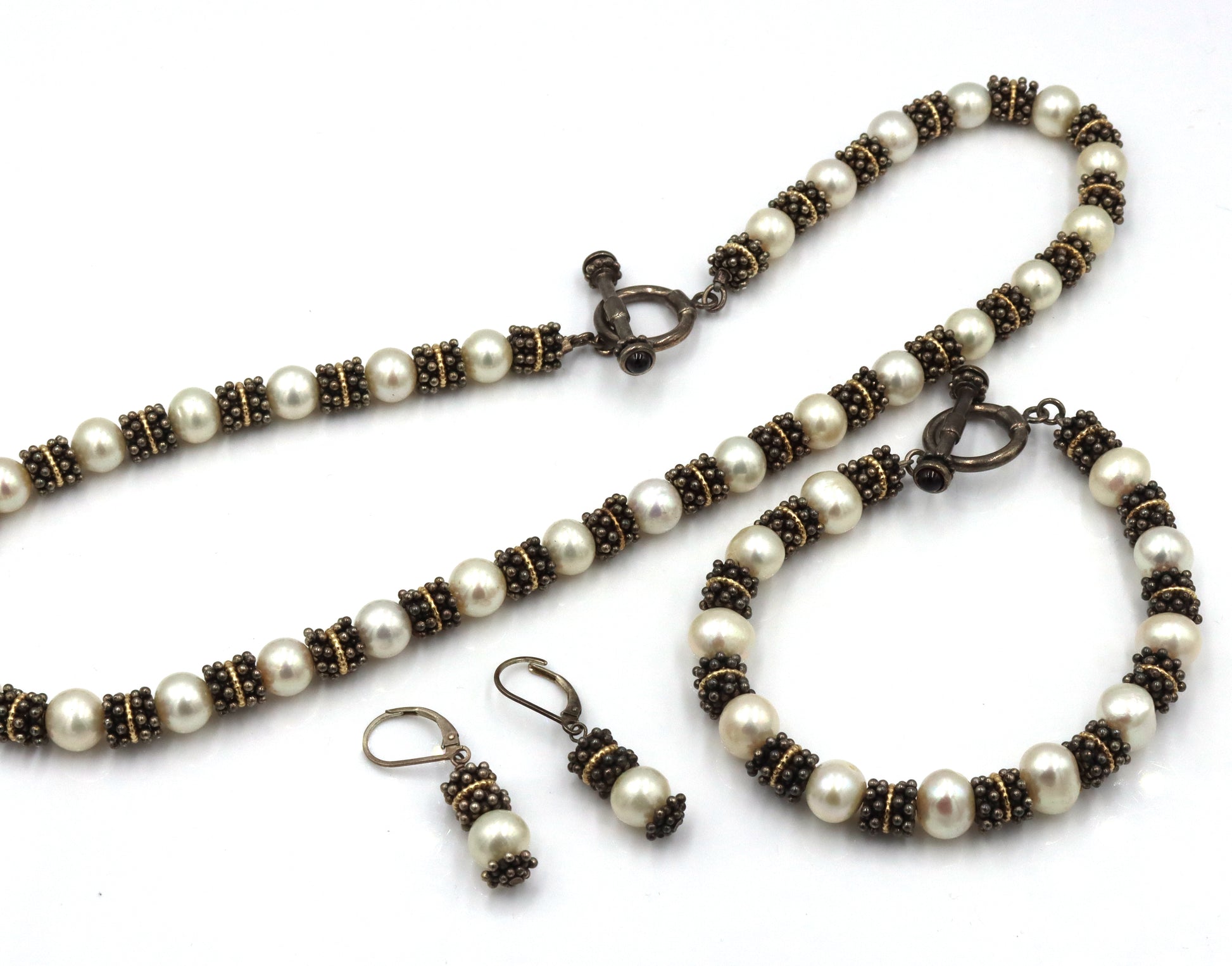 Set of Vintage 925 sterling silver pearl beaded necklace, bracelet and earrings
