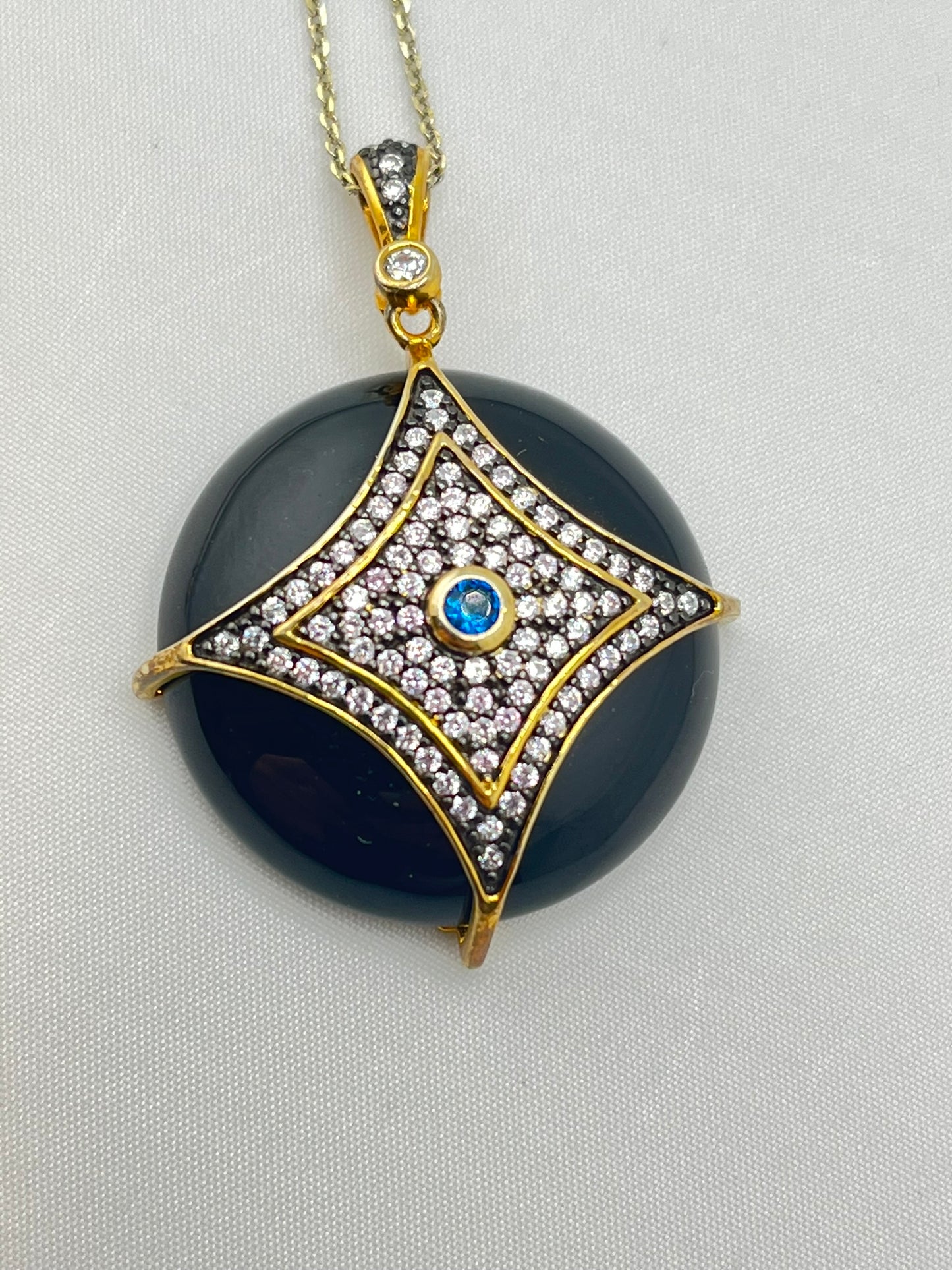925 Black Rhodium Sterling Silver Black Onyx with Crystal Set Rhombus Overlay Pendant Necklace