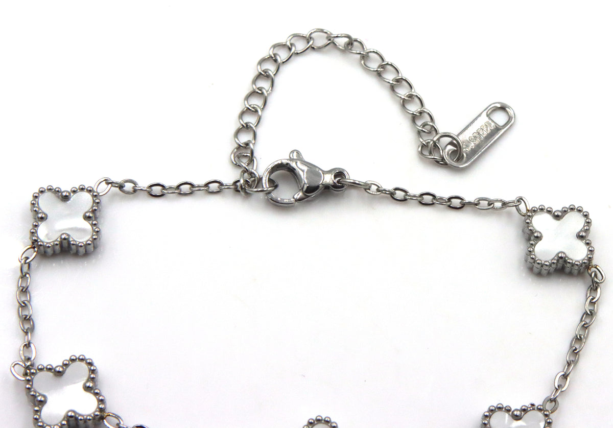 Stainless steel white stone clover station bracelet