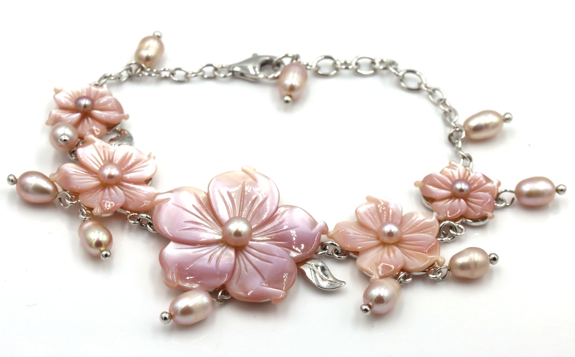 925 Sterling Silver Pink Mother Of Pearl Bracelet And Earrings Set