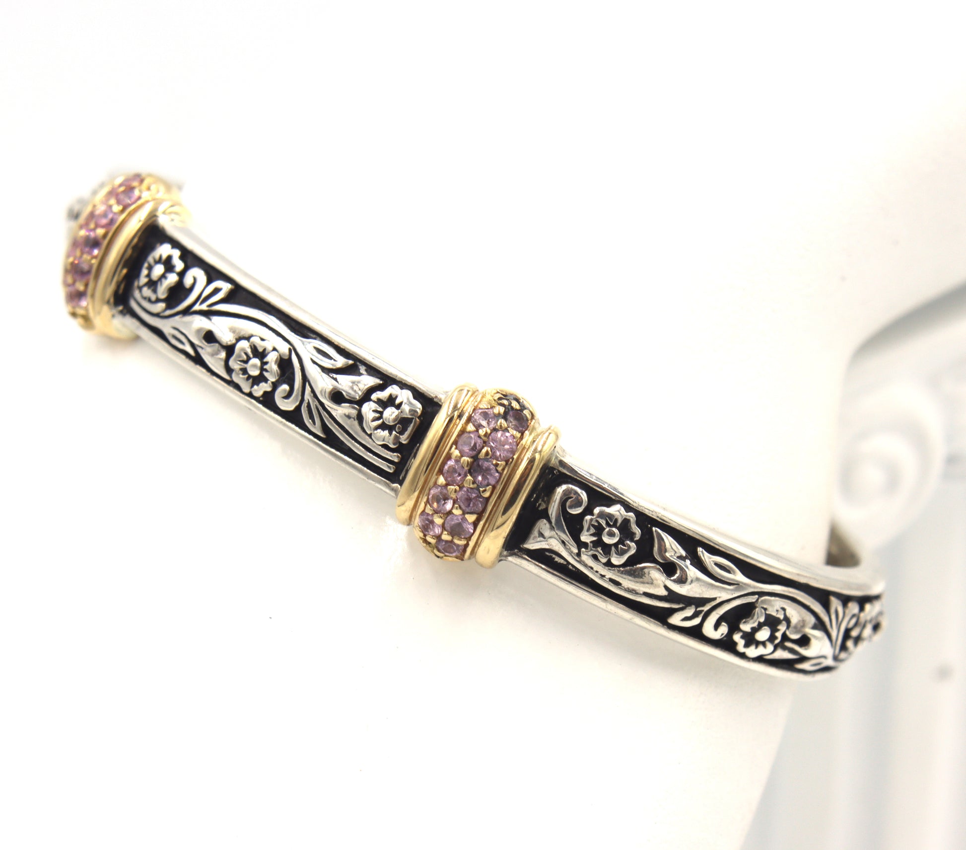 925 Sterling silver two tone cuff bangle with pave pink sapphire