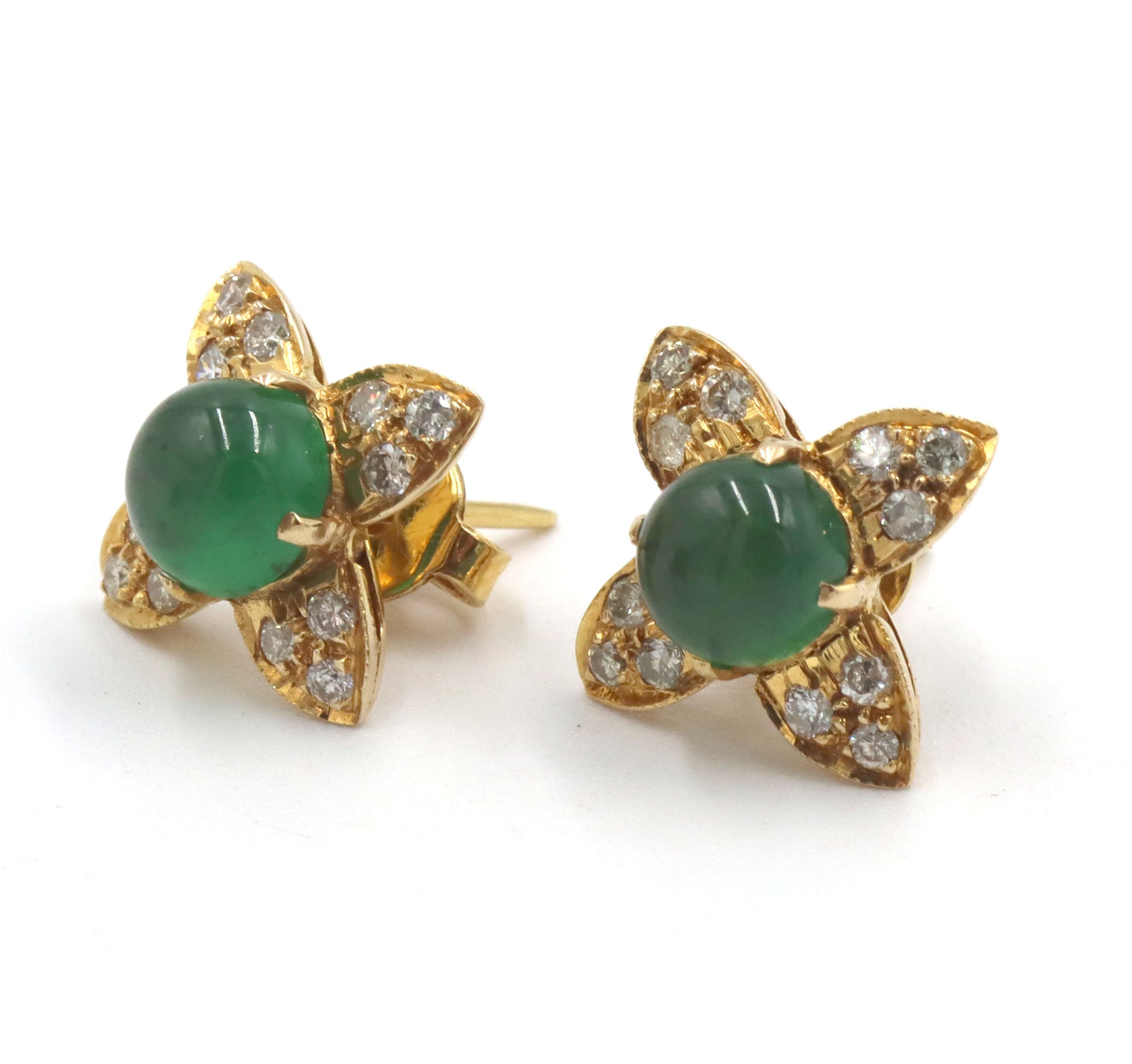 14kt Yellow gold Emerald cab and diamond flower earrings