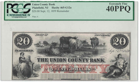 1859 $20 Union County Bank Plainfield NJ – Sep 12, 1859 Remainder – Plate A – PMG 40 EPQ (Extremely 
