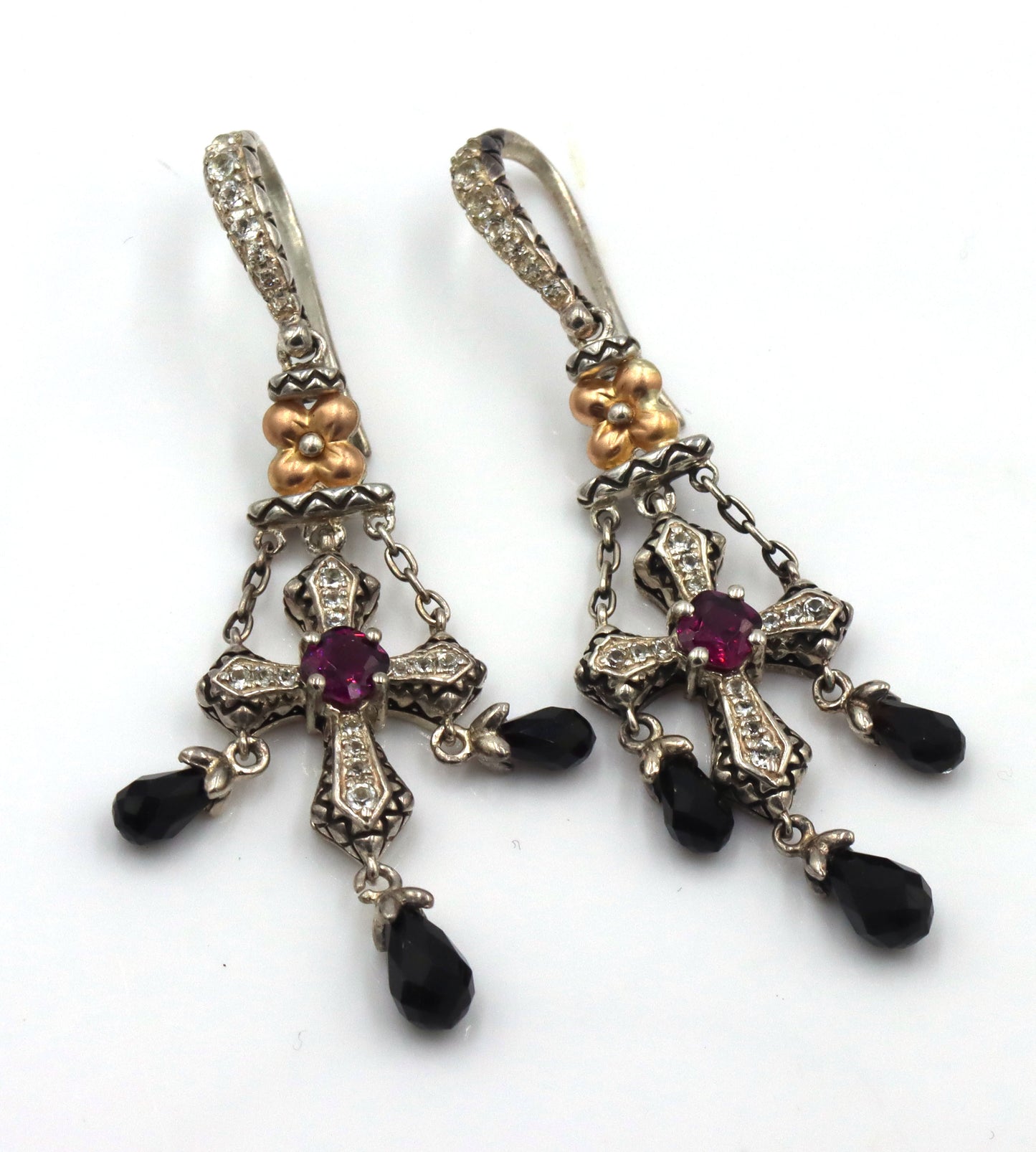 2 Pairs of Barbara Bixby sterling silver blue topaz and garnet Cross dangle earrings