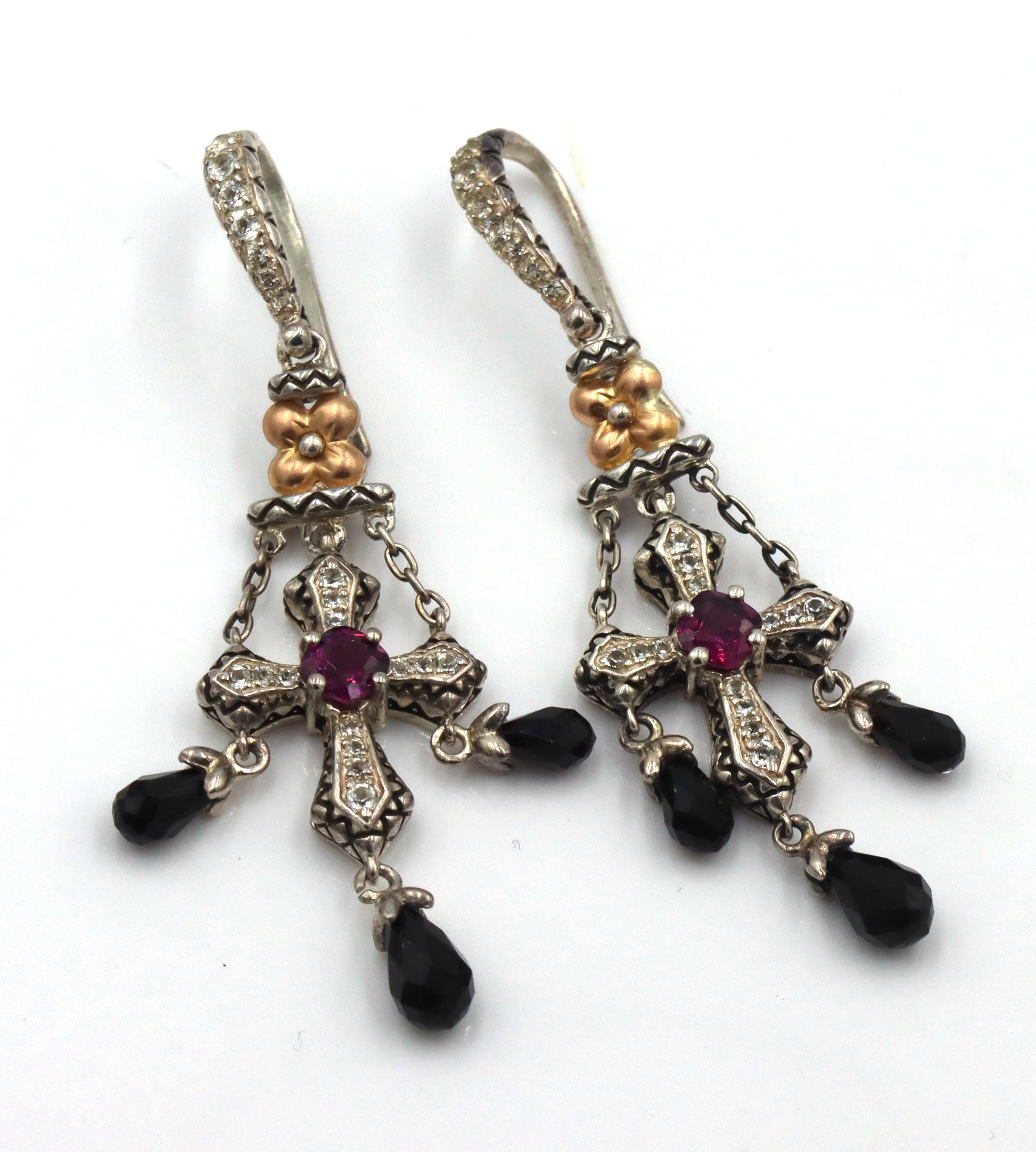 2 Pairs of Barbara Bixby sterling silver blue topaz and garnet Cross dangle earrings
