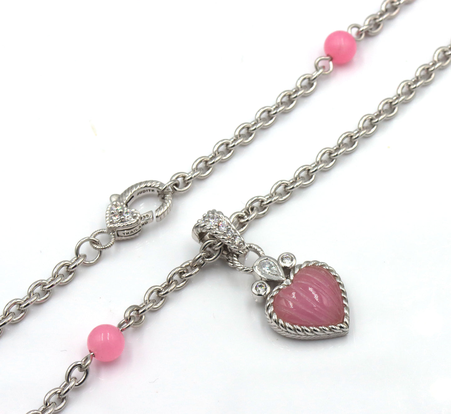 Judith Ripka pink chain necklace with pink heart enhancer