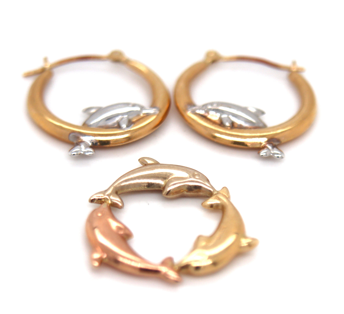 Set of 14kt Yellow gold Dolphin hoop earrings and matching pendant