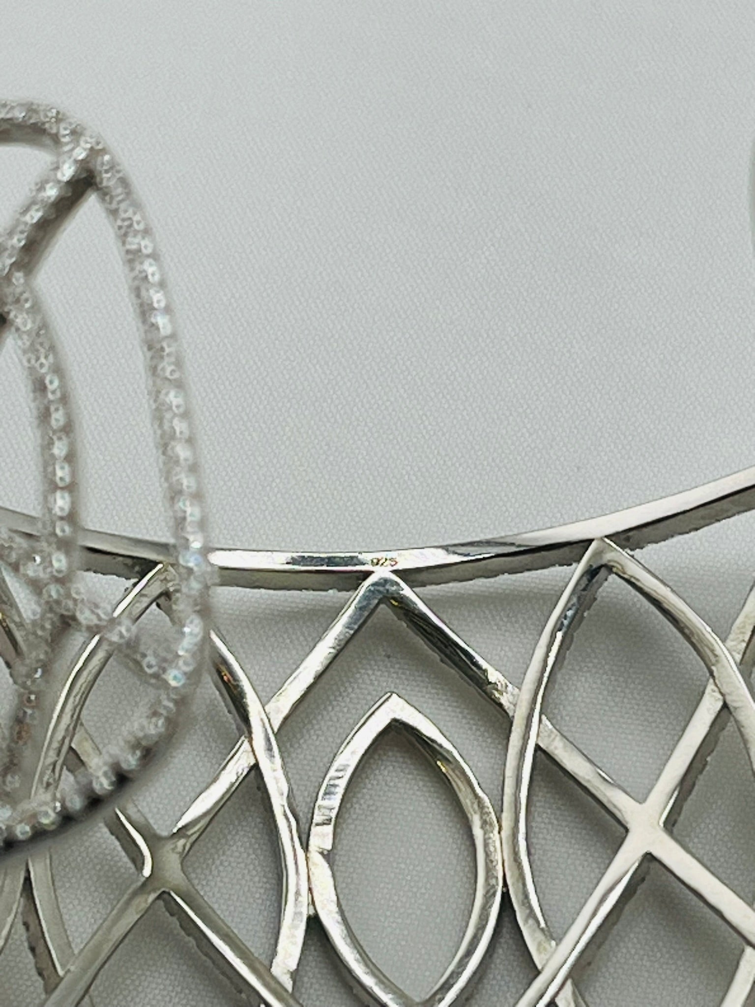 925 Sterling Silver Rhinestone Oval And Rhombus Design Wide Cuff Bracelet