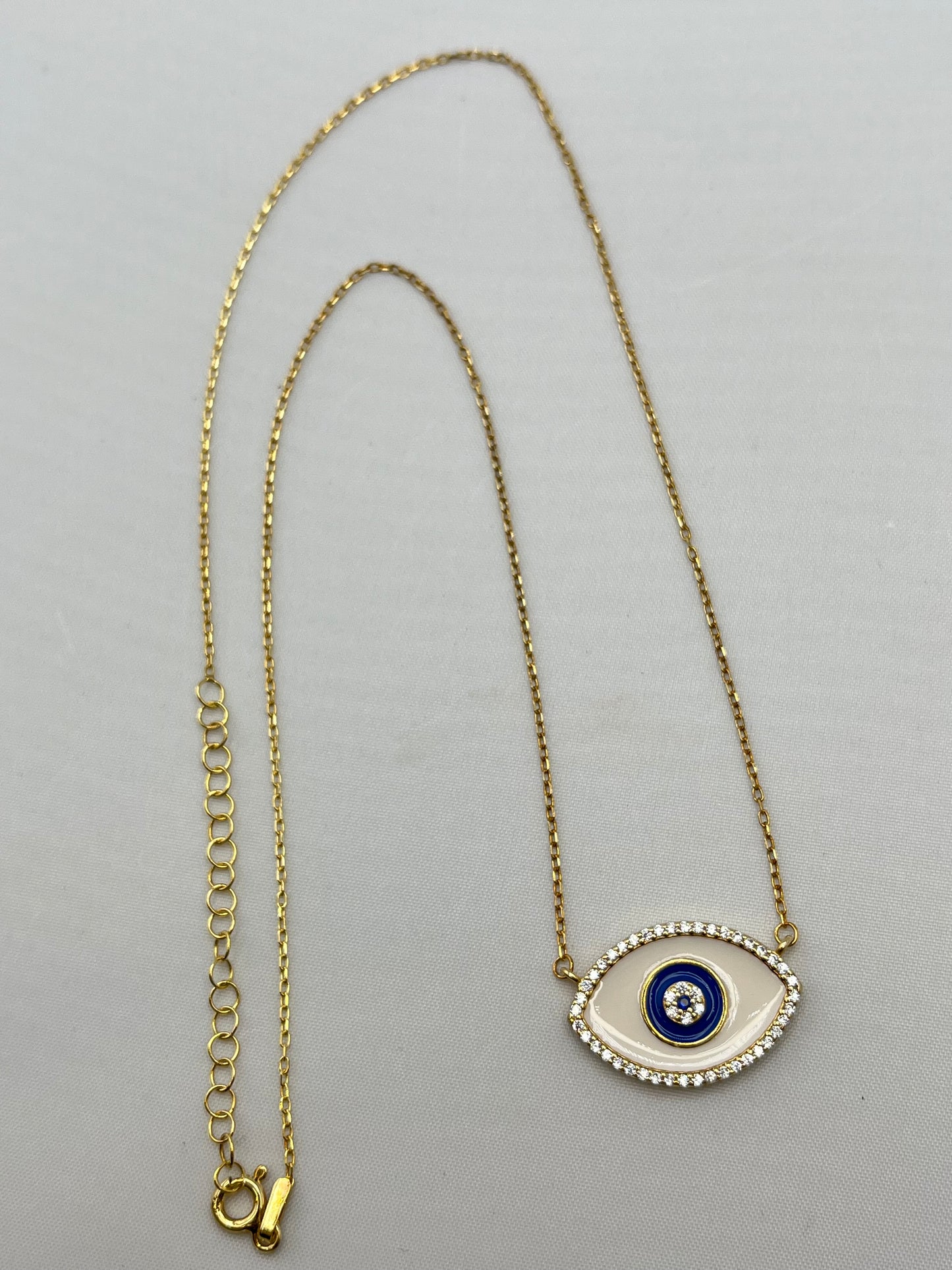 925 Gold Tone Sterling Silver Evil Eye White Enamel Blue Eye Center Pendant With Chain Necklace