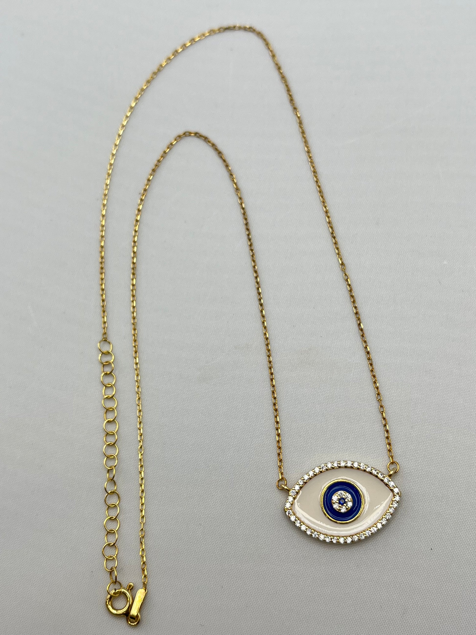 925 Gold Tone Sterling Silver Evil Eye White Enamel Blue Eye Center Pendant With Chain Necklace