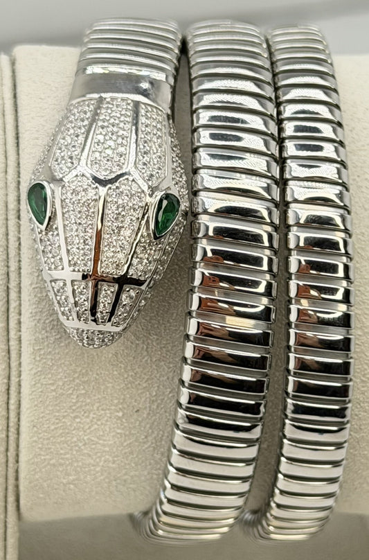 925 Sterling Silver And Stainless Steel Crystal Triple Wrap Snake Bracelet