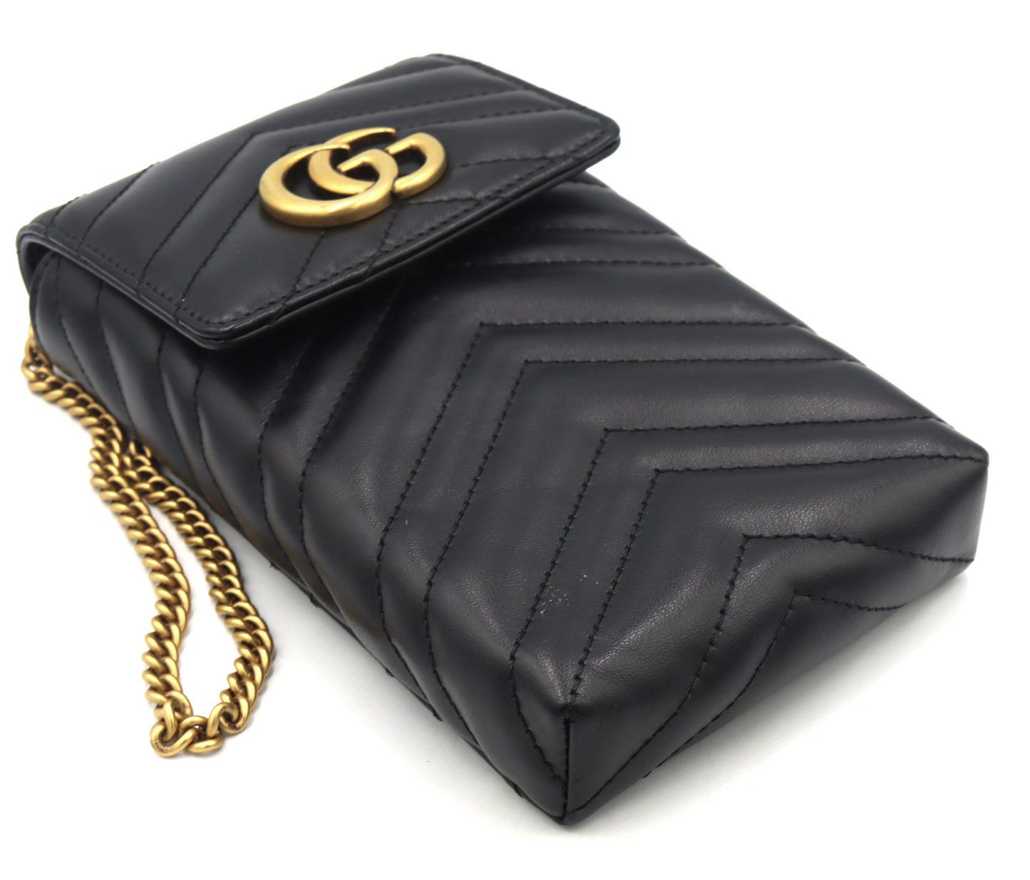 Gucci GG Marmont black chevron leather phone pouch chain cross body bag