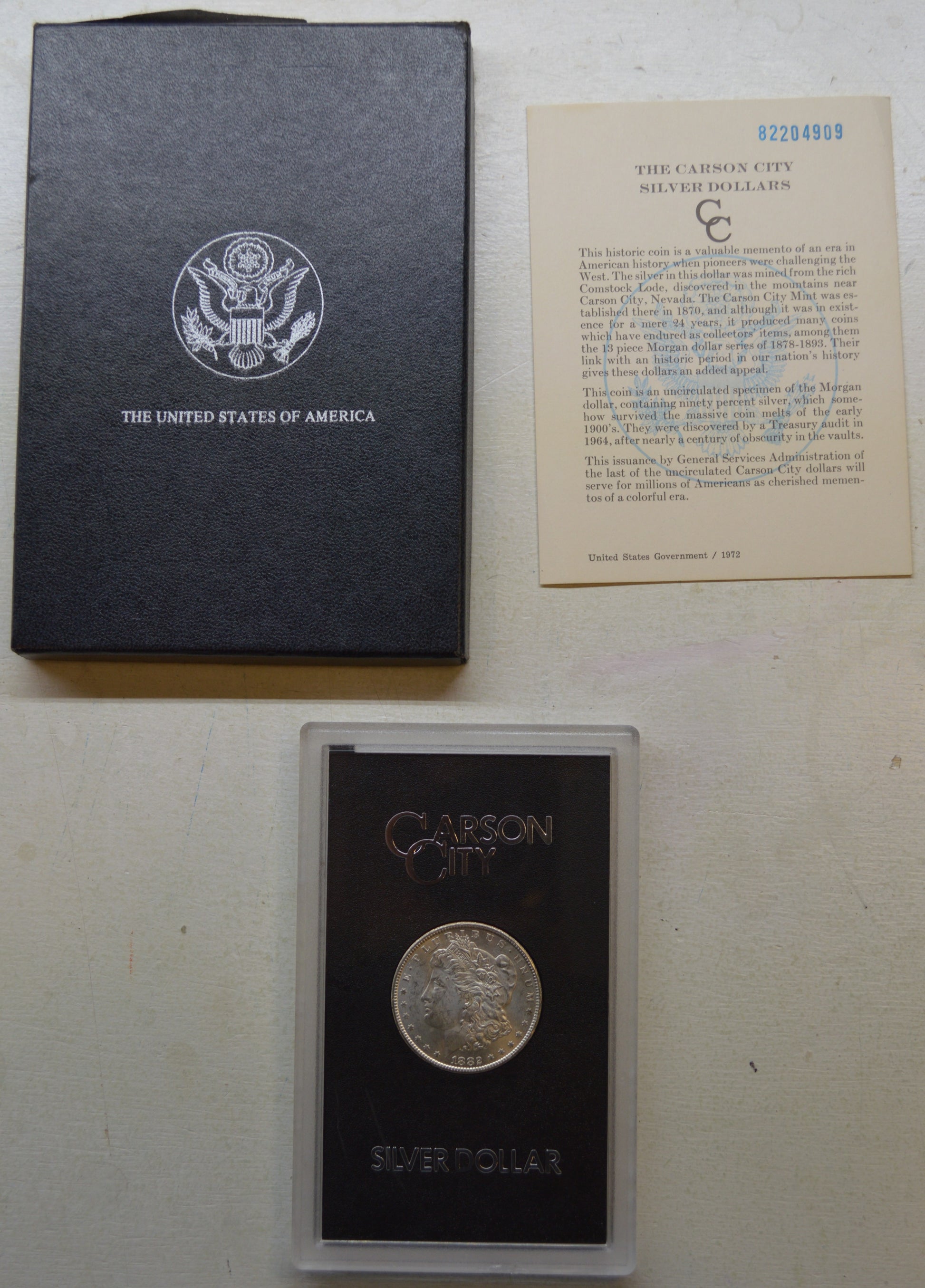 1882-CC Carson City Morgan Silver Dollar GSA Holder with Original Box & Certificate Brilliant Uncirc