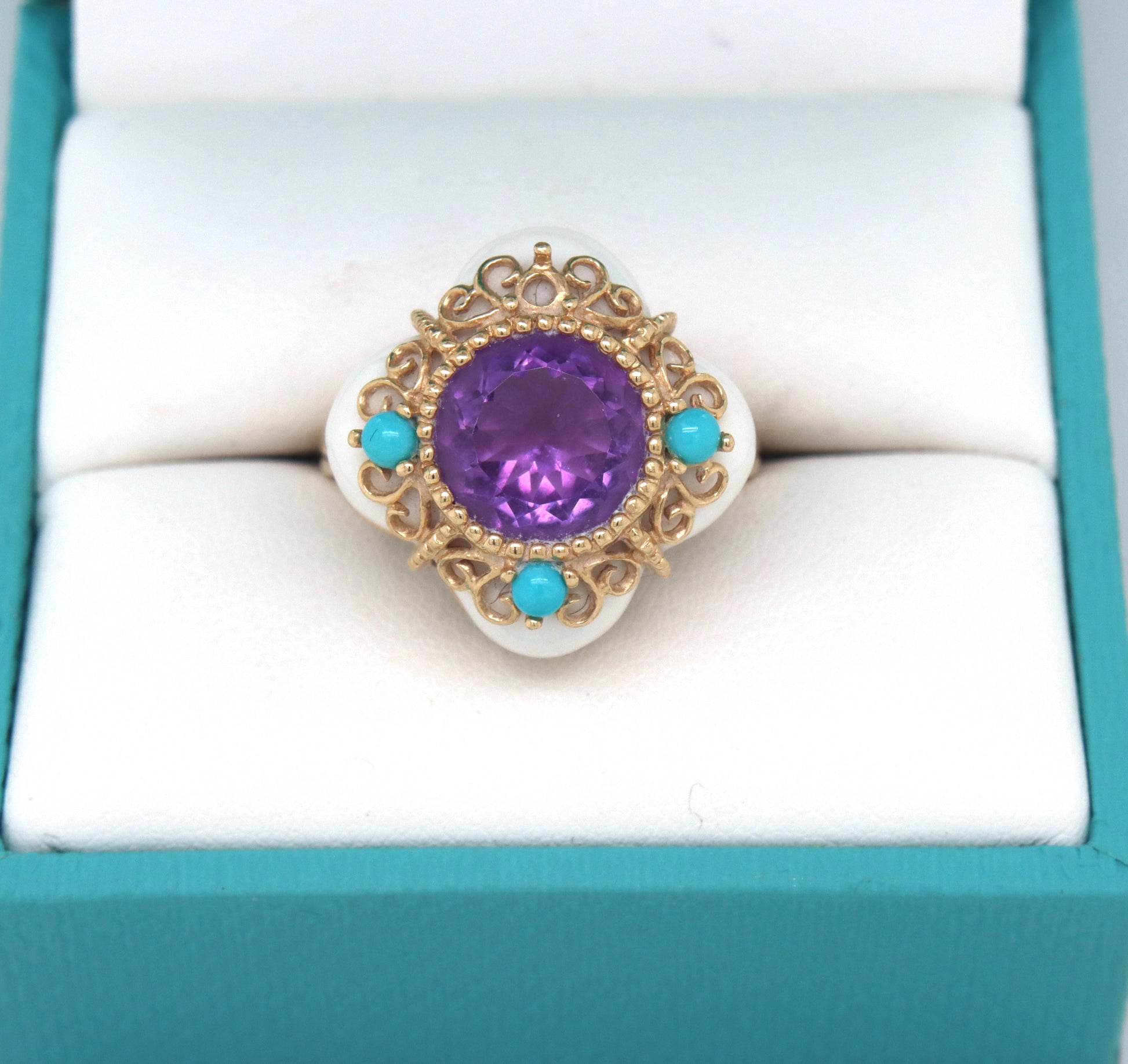 14kt Yellow gold white agate, amethyst and turquoise ring