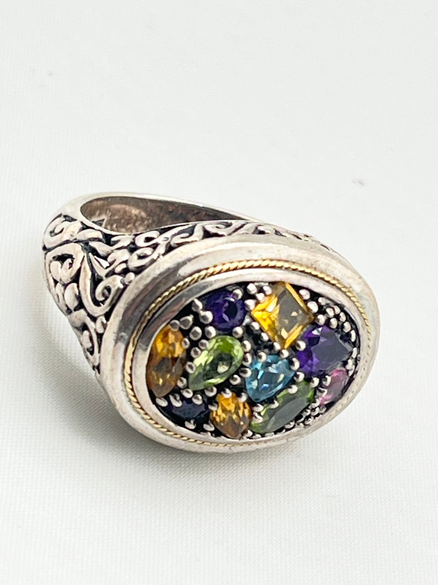 925 Sterling Silver EFFY Balisssima Multi Gemstone And Ornate 18KT Yello Gold Accent Ring
