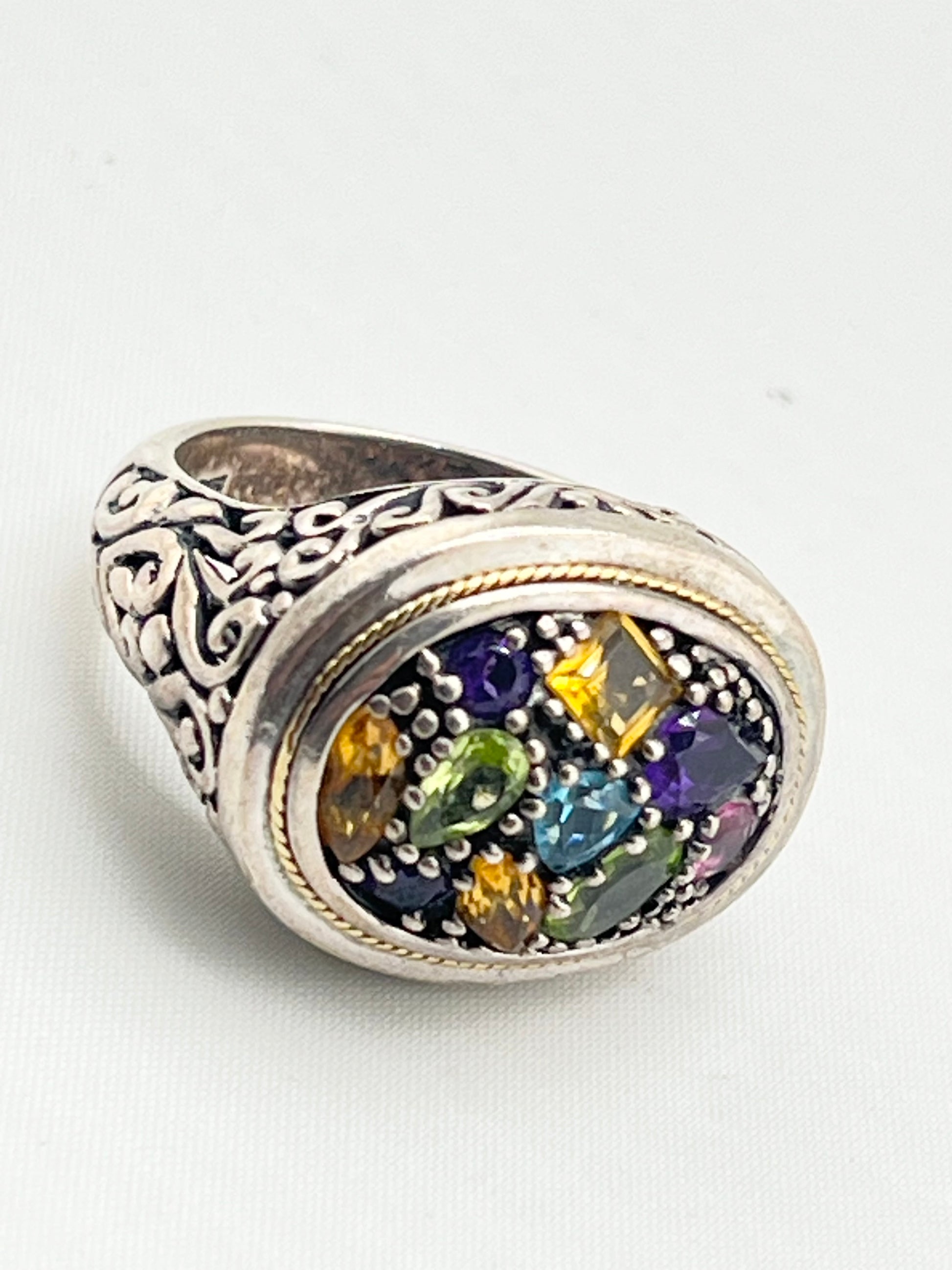 925 Sterling Silver EFFY Balisssima Multi Gemstone And Ornate 18KT Yello Gold Accent Ring