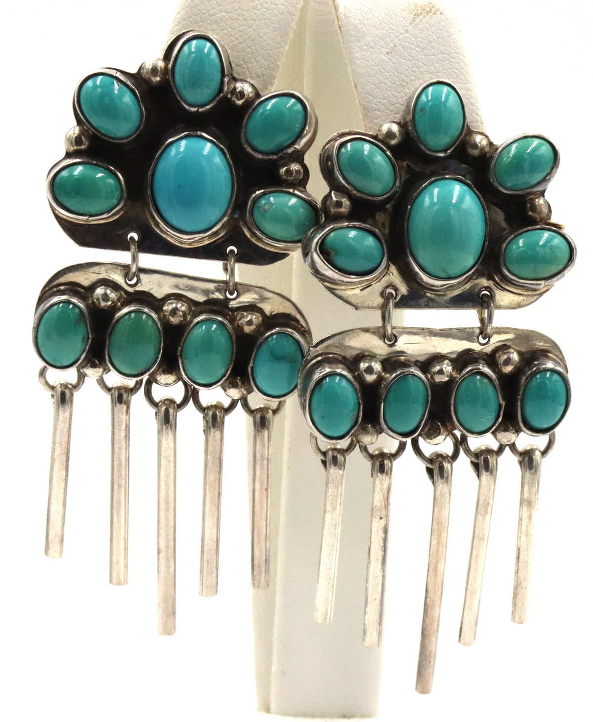 925 Sterling Silver Turquoise Flower Cluster Chandelier Dangle Earrings With Hanging Silver Fringe B