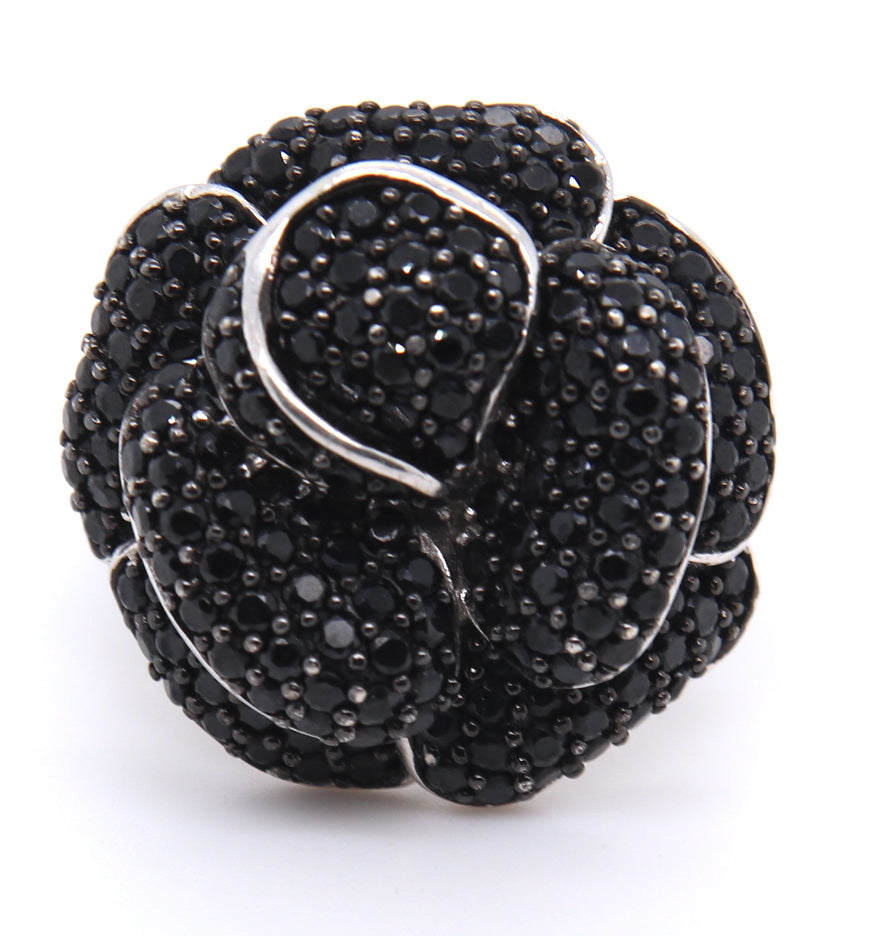 925 Sterling Silver Black Cubic Zirconia Flower Design Ring