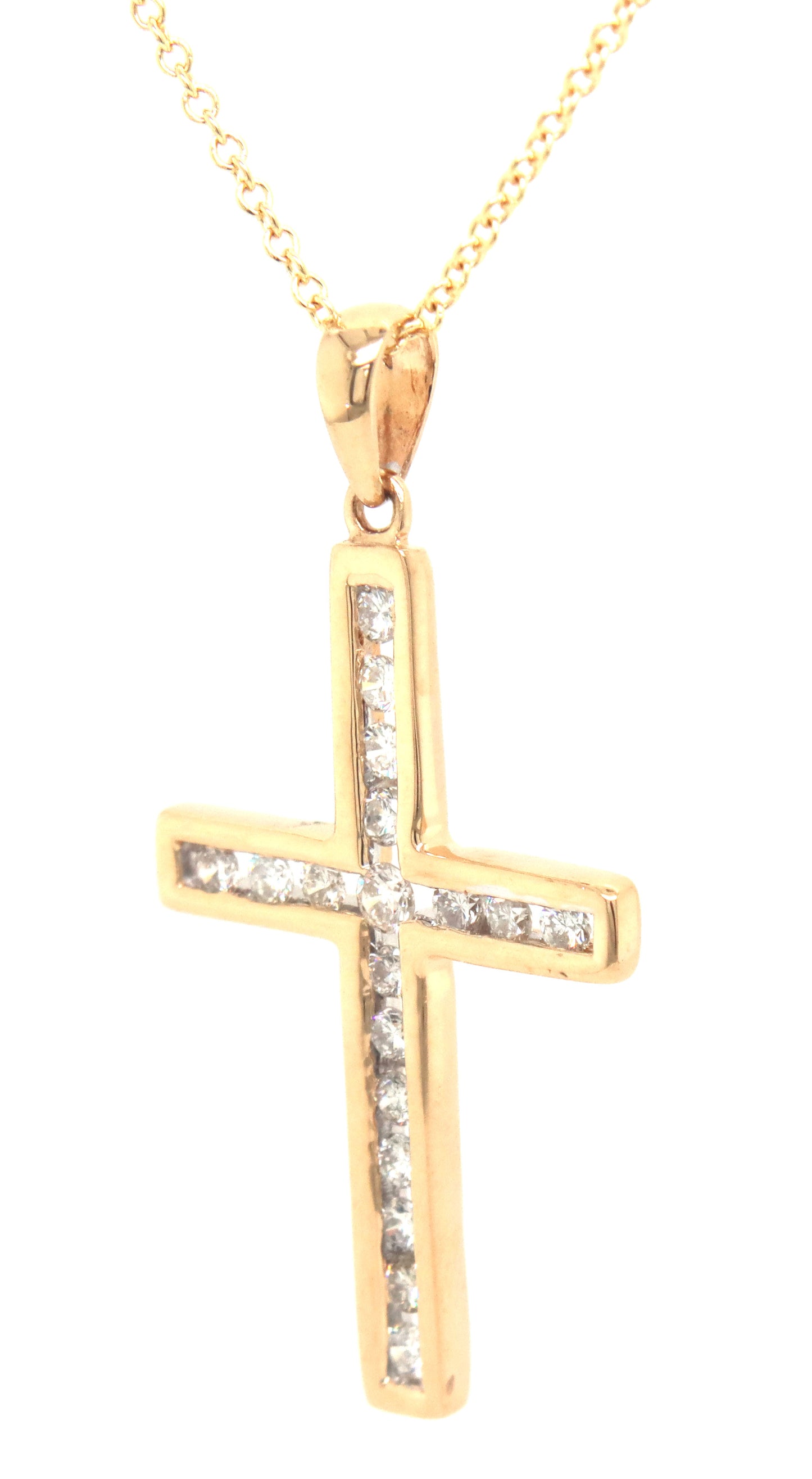 14kt Yellow gold 0.30ctw channel set diamond cross pendant on chain