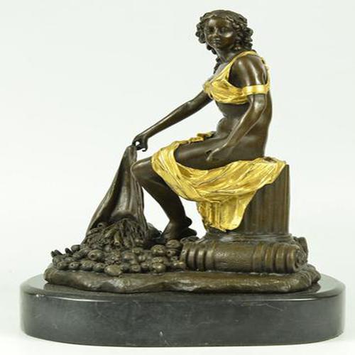 Bronze Figural Sculpture of a Seated Woman with Gilt Accents – Classical Style – Marble Base