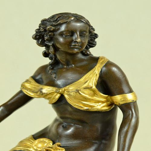 Bronze Figural Sculpture of a Seated Woman with Gilt Accents – Classical Style – Marble Base