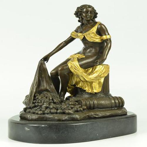 Bronze Figural Sculpture of a Seated Woman with Gilt Accents – Classical Style – Marble Base