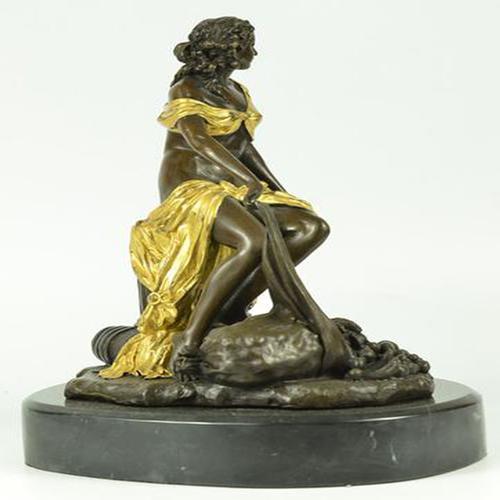 Bronze Figural Sculpture of a Seated Woman with Gilt Accents – Classical Style – Marble Base