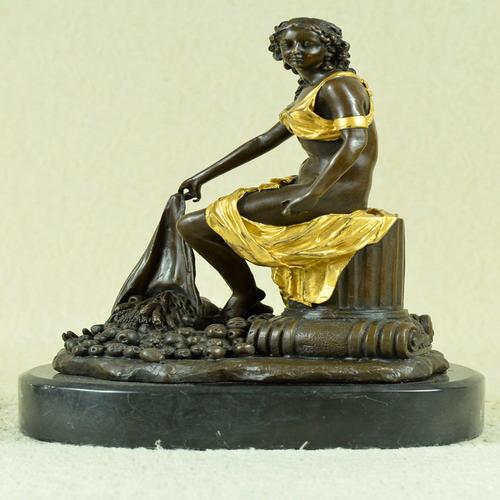 Bronze Figural Sculpture of a Seated Woman with Gilt Accents – Classical Style – Marble Base