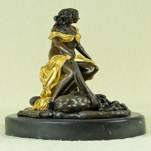 Bronze Figural Sculpture of a Seated Woman with Gilt Accents – Classical Style – Marble Base