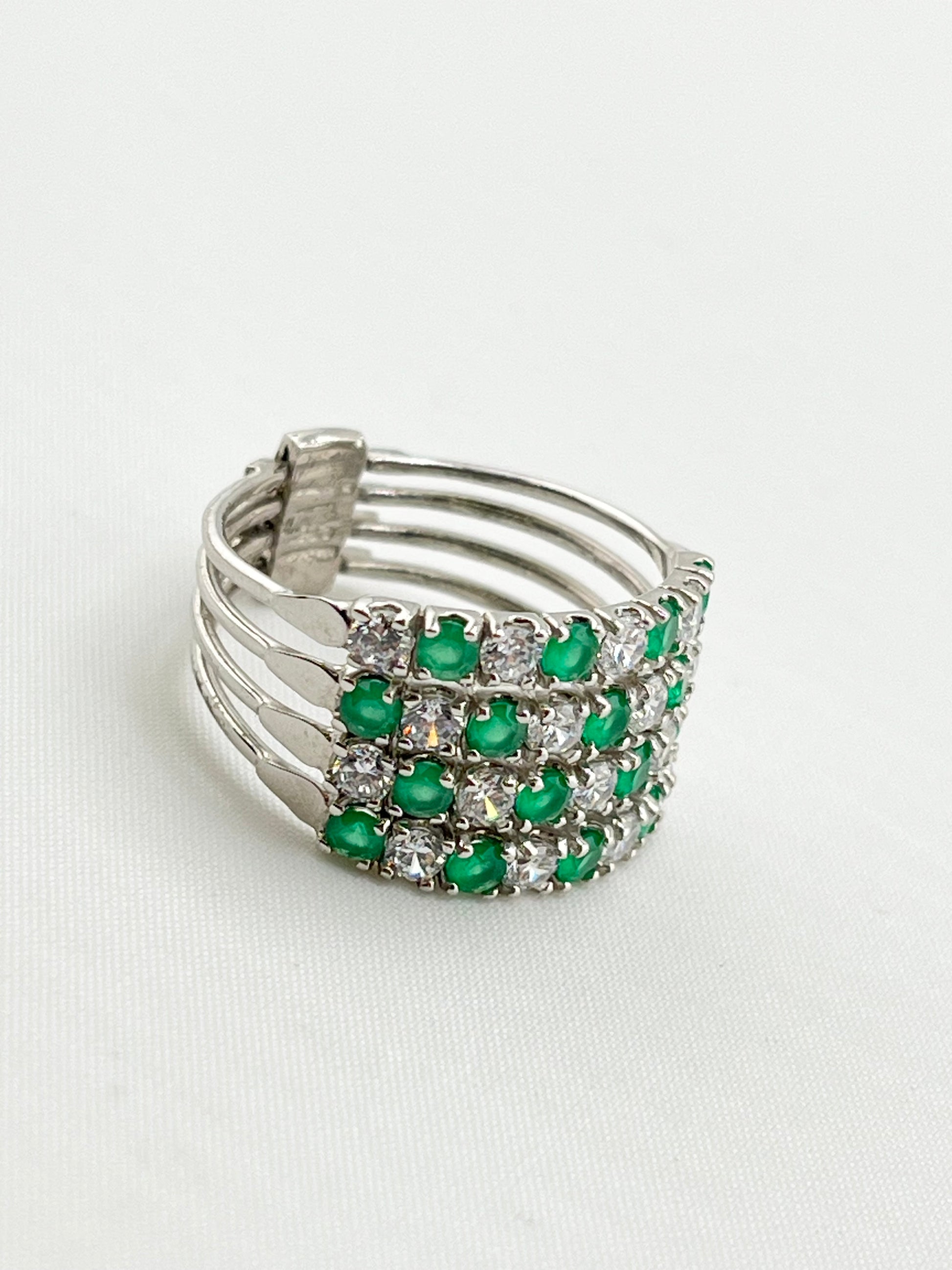 925 Sterling Silver Emerald Color And CZ Attached Row Band Ring